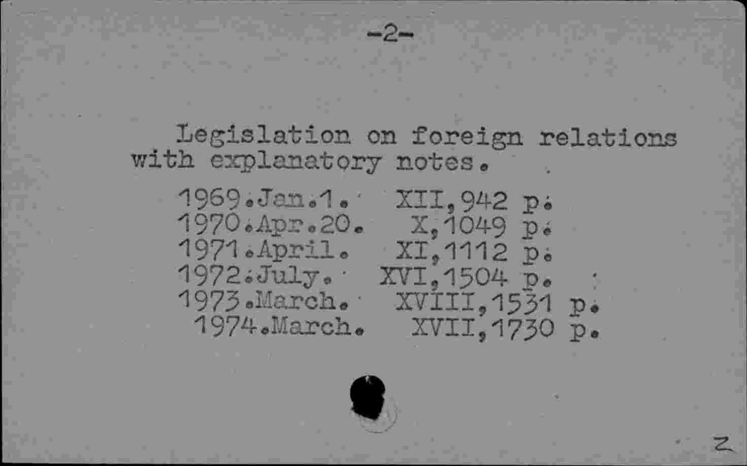 ﻿Legislation on foreign relations with explanatory notes®
1969.	Jan.1.	XII,942 pi
1970.	Apr.2O®	X,1049 pi
1971. April®	XI,1112 p.
1972iJuly.■ XVI,1504 p. • 1975.March. XVIII,1551 p.
1974.March. XVII,1750 p.